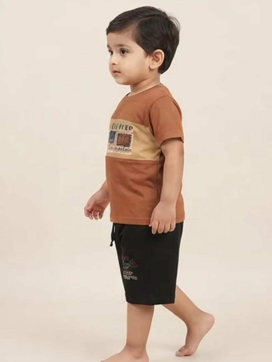 Brown T-Shirt & Black Shorts Set