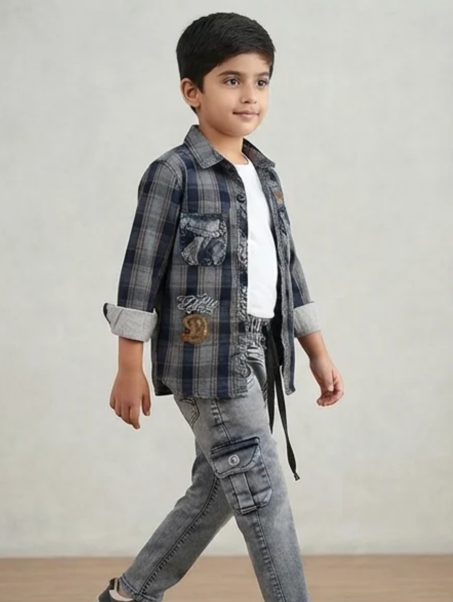 Plaid Shirt & Cargo Pants Outfit Set