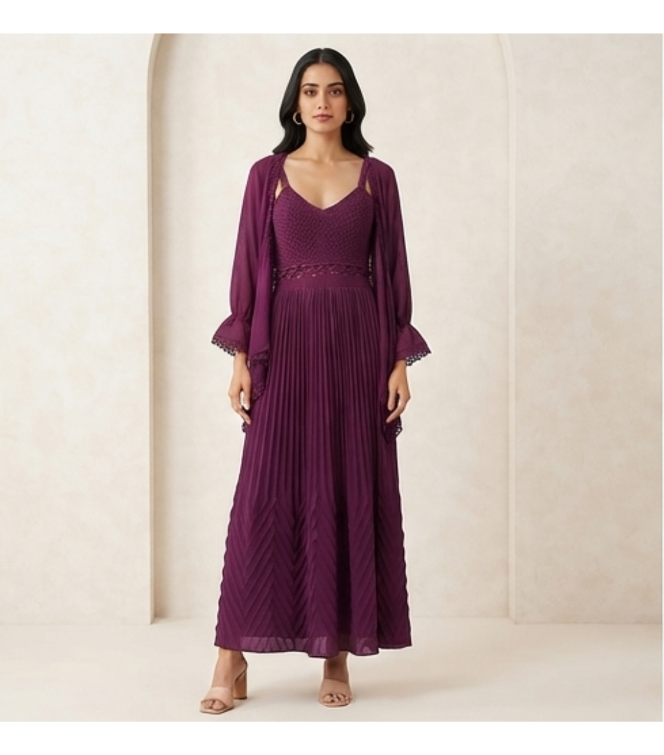 Deep Purple Pleated Maxi Dress with Matching Shrug Set