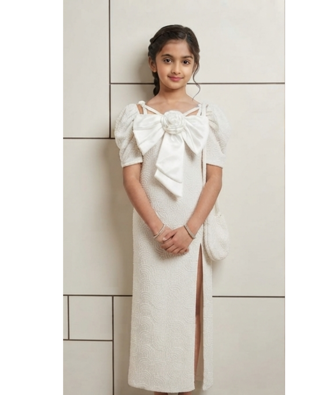 Gazab Clothing Elegant White Beaded Straight-Fit Long Dress with Satin Bow & Matching Bag