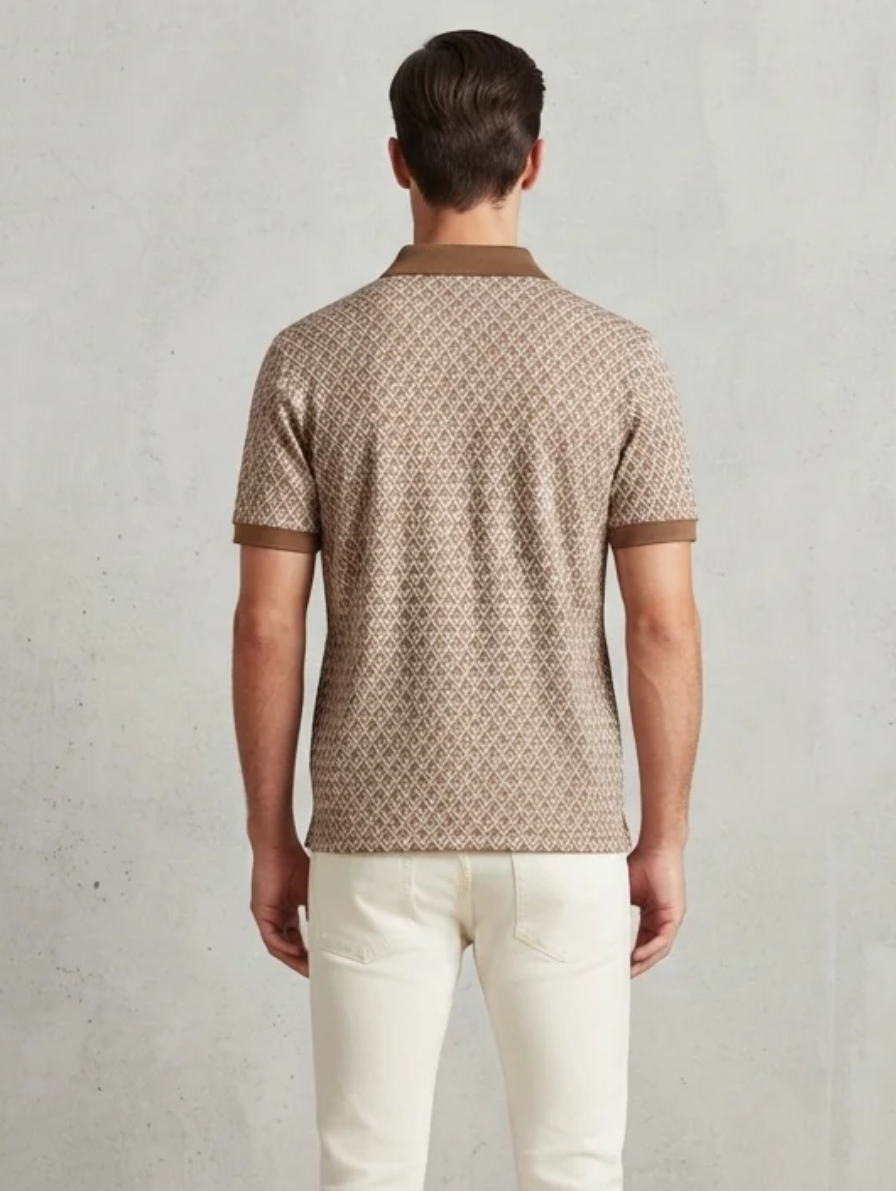 Brown and Cream Geometric Patterned Polo Shirt