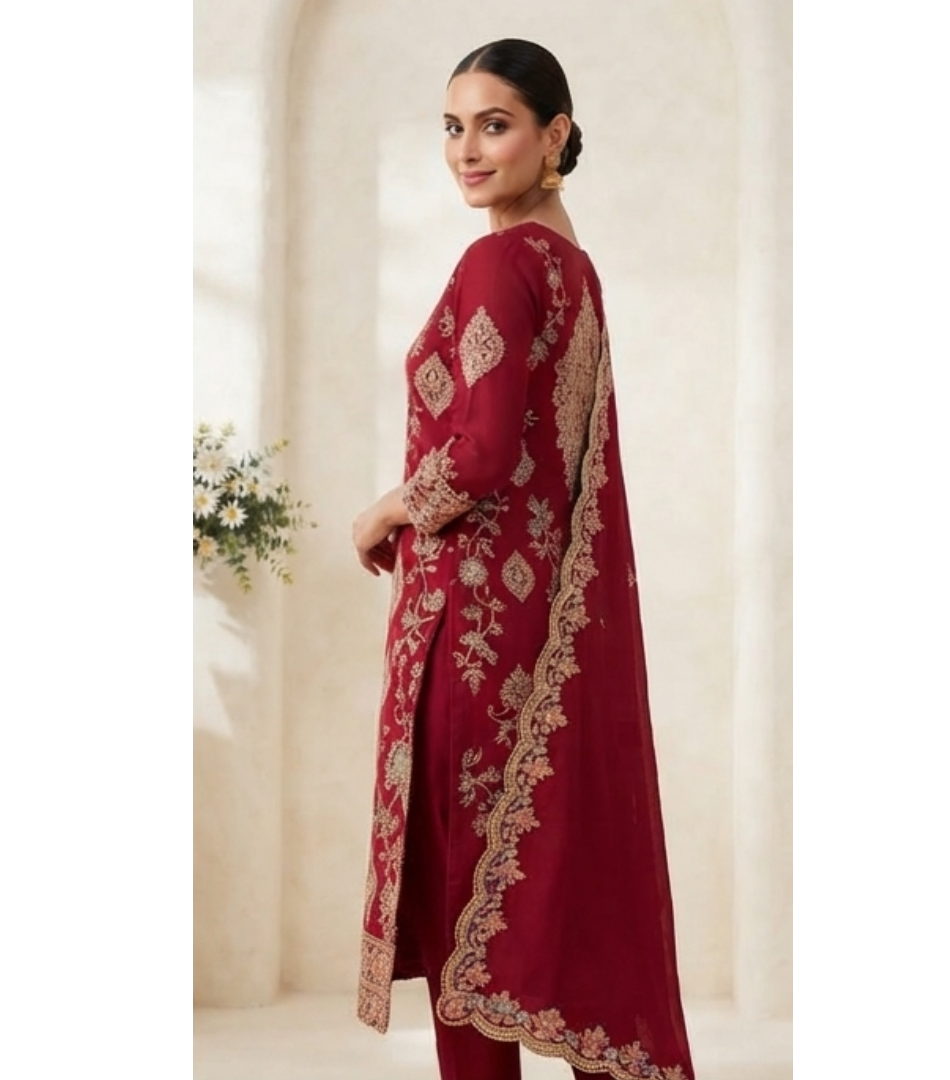 Deep Maroon Heavy Zari & Thread Embroidered Straight Kurta Set