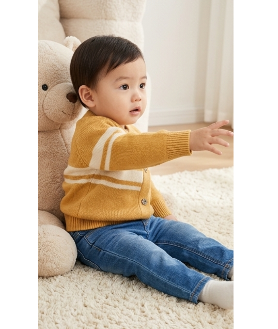 Toddler Boys Striped Knit Cardigan Sweater – Mustard Yellow with "HI!" Patch