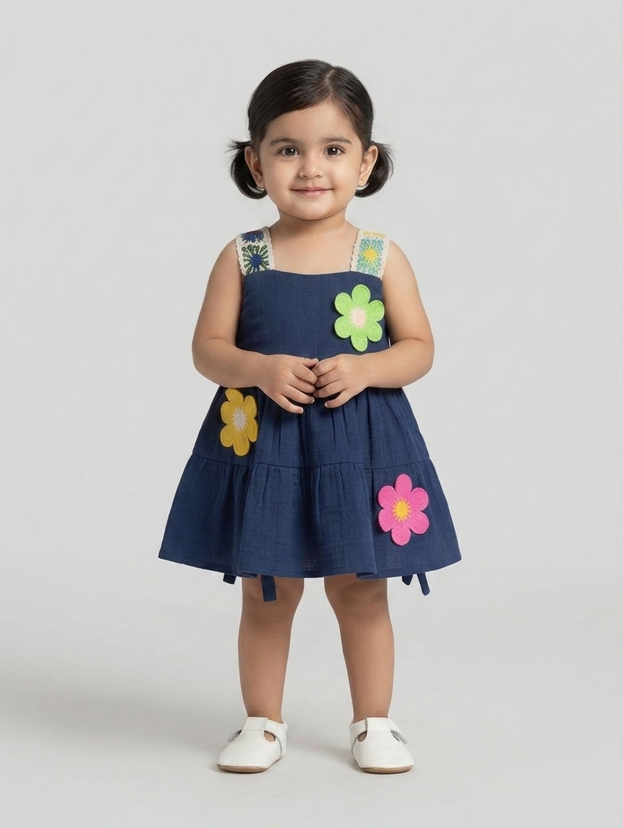 Girls Navy Blue Tiered Sundress with Embroidered Straps