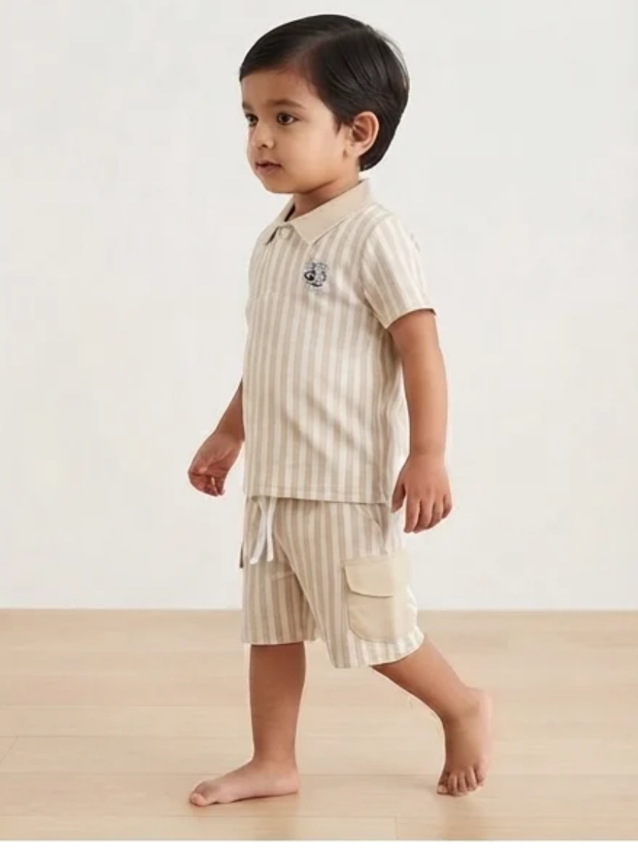 Beige & White Striped Polo Shirt & Cargo Shorts Set