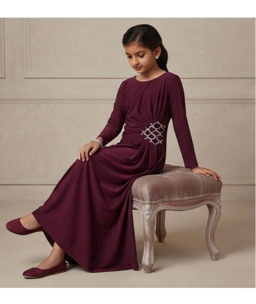 Gazab Clothing Elegant Long Sleeve Burgundy Shimmer Maxi Dress with Hip Embellishment