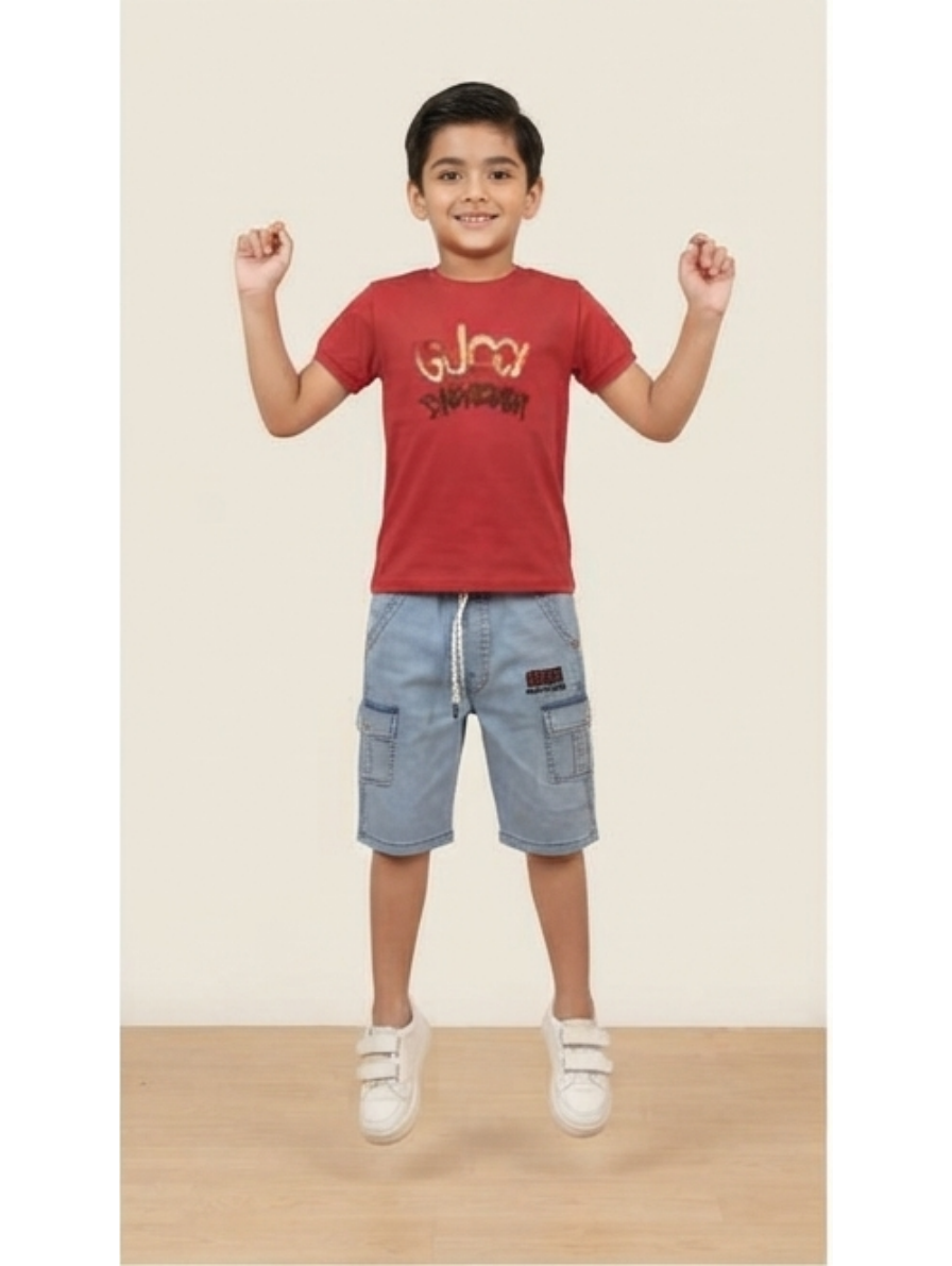 Red Graphic T-Shirt & Light Denim Cargo Shorts Set