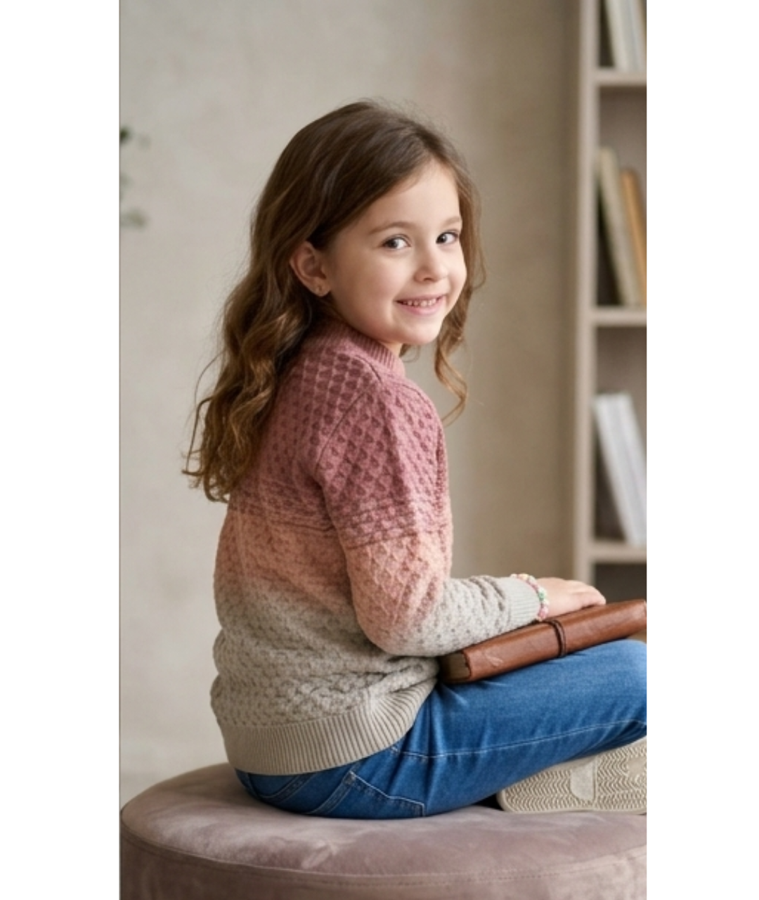 Girls' Ombré Textured Knit Sweater with Bow Detail – Dusty Rose & Sage