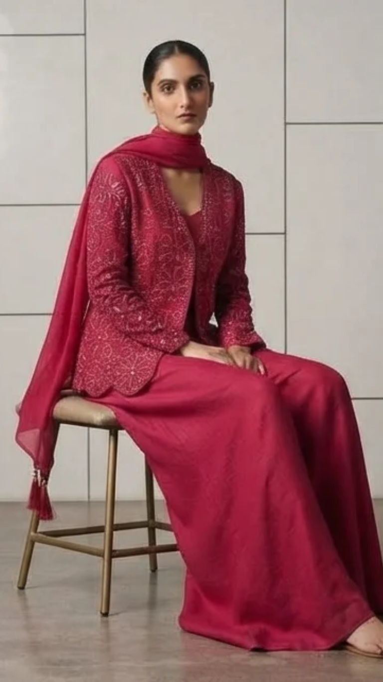 Vibrant Magenta Embellished Jacket & Palazzo Set