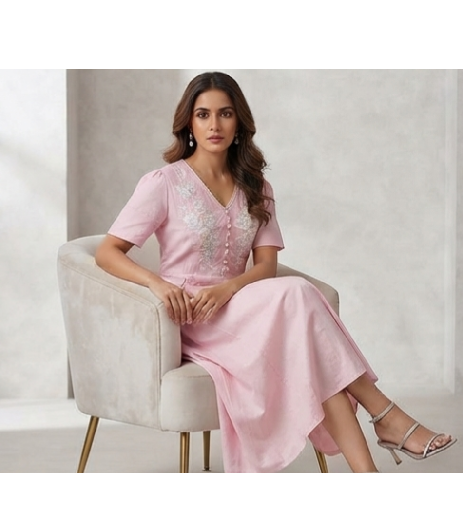 Light Pink Floral Embroidered V-Neck Midi Dress