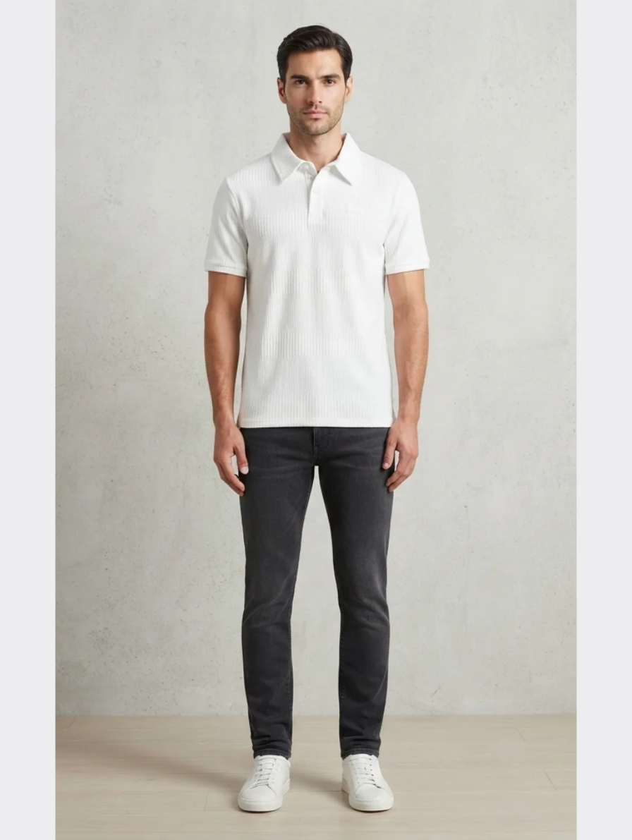 White Vertical Ribbed Knit Polo Shirt