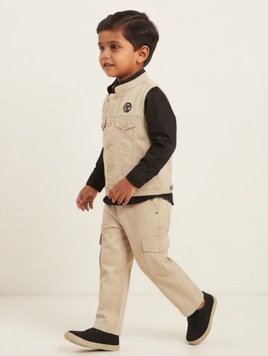 Boys Beige Pinstripe Nehru Jacket, Shirt & Cargo Pants Set