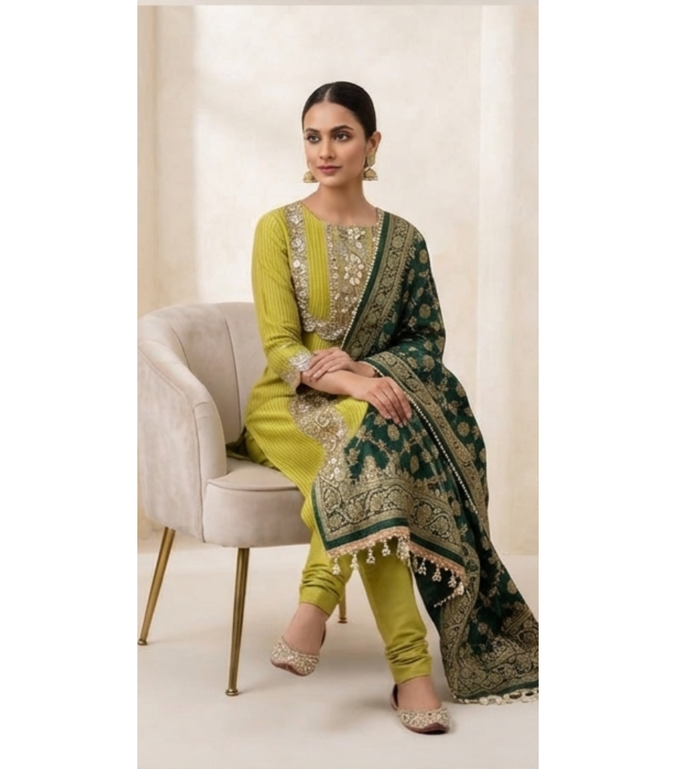 Chartreuse Striped Straight Kurta Set with Contrast Dark Green Dupatta