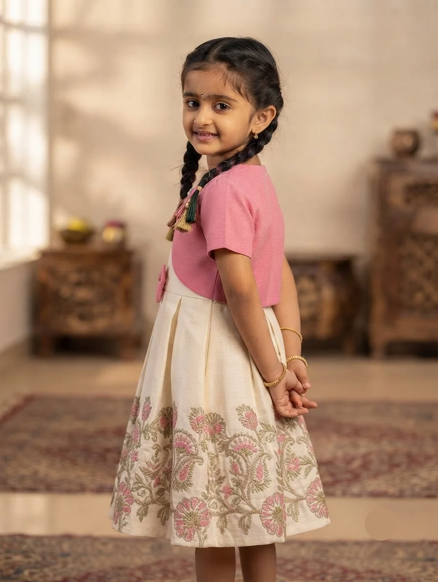 Ivory Pleated Dress with Rose Pink Dress