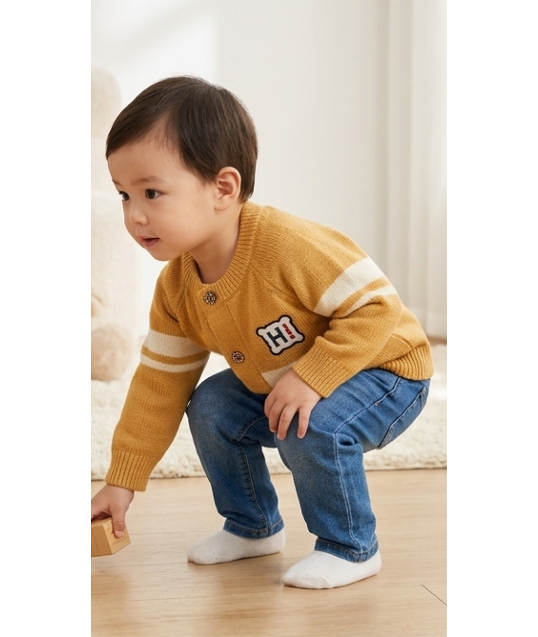 Toddler Boys Striped Knit Cardigan Sweater – Mustard Yellow with "HI!" Patch