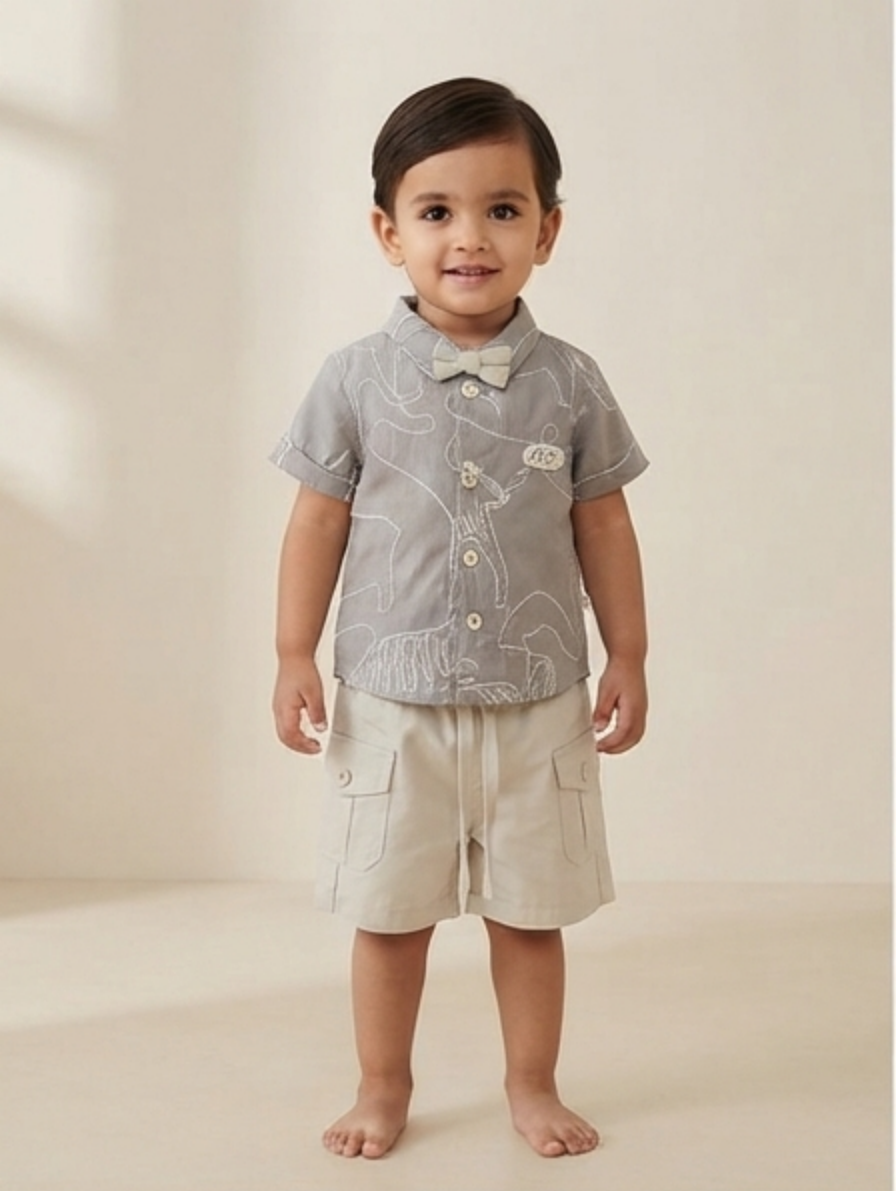 Grey Short-Sleeve Animal-Embroidered Shirt & Beige Shorts Set with Bow Tie