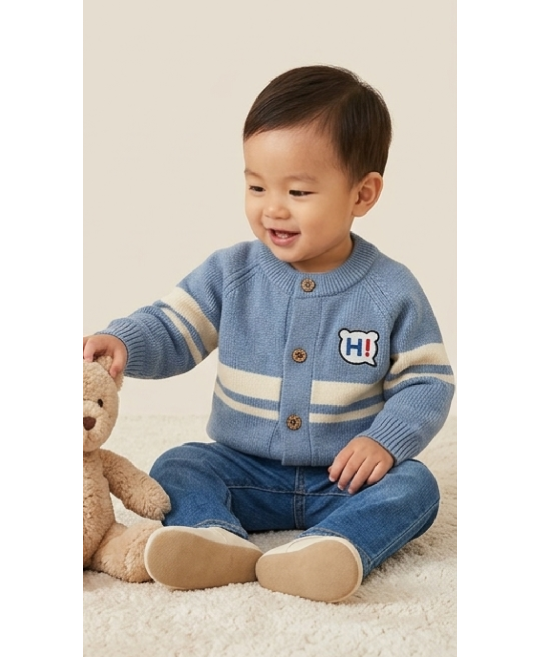 Toddler Boys Striped Knit Cardigan Sweater – Powder Blue with "HI!" Patch