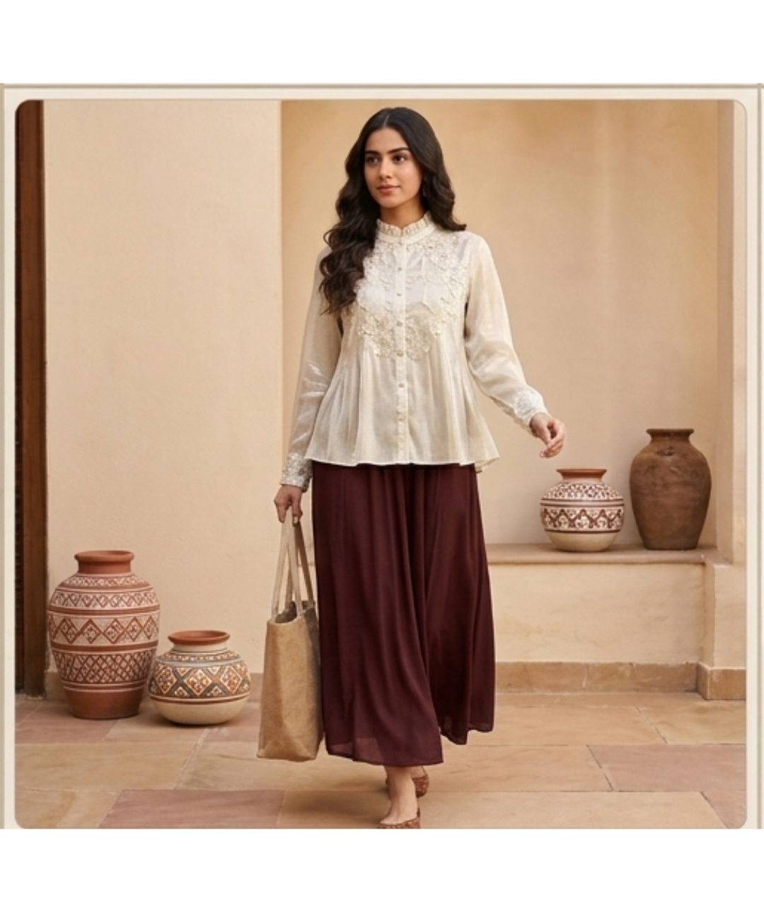 Women's Off-White Shimmer Silk-Blend Blouse with Floral Cutwork & Pearl Buttons