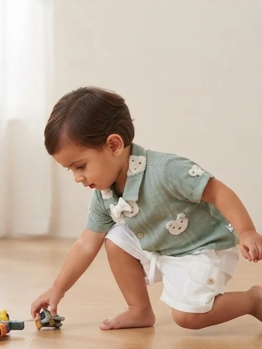 Sage Green Textured Bear Appliqué Short-Sleeve Shirt and White Shorts Set