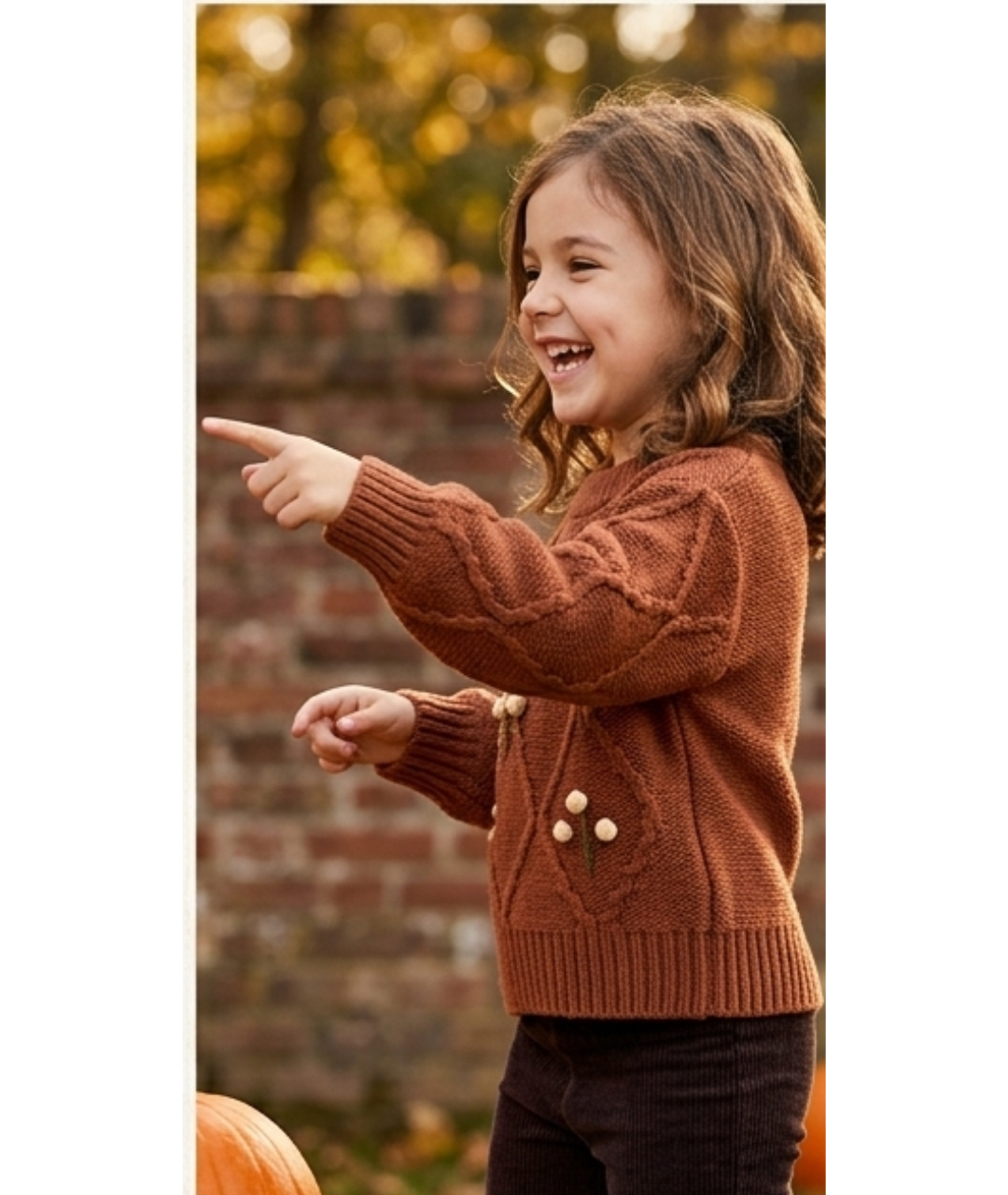 Girls’ Terracotta Cable-Knit Sweater with Pom-Pom Accents