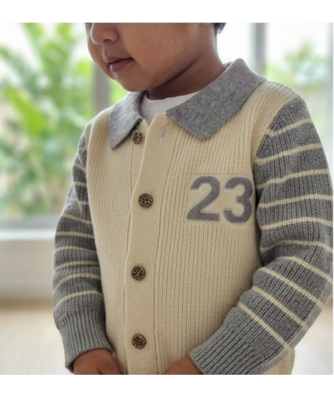 Toddler Collared Knit Cardigan Sweater – Cream & Grey with "23" Patch