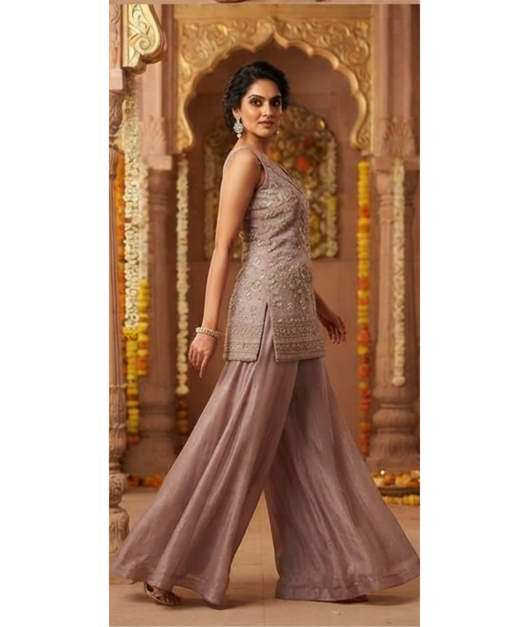 Elegant Mauve Embellished Tunic & Palazzo Set