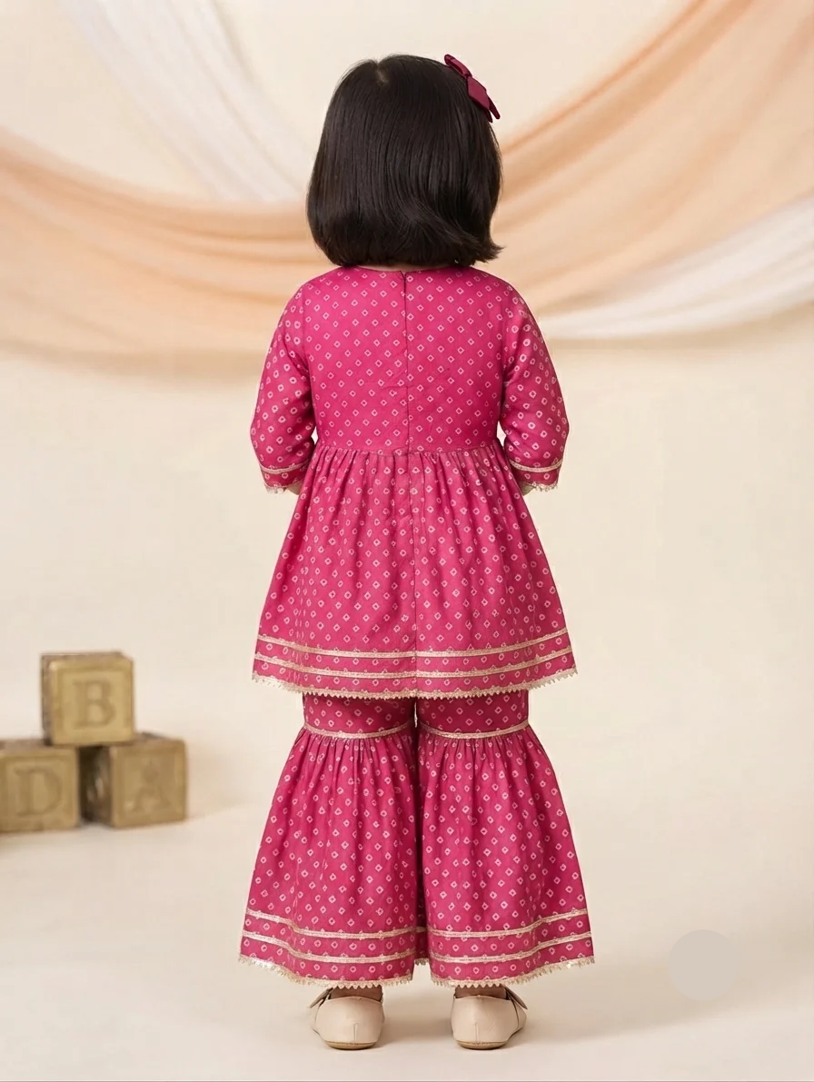 Fuchsia Bandhani Print Angrakha Style Kurta with Gharara Set