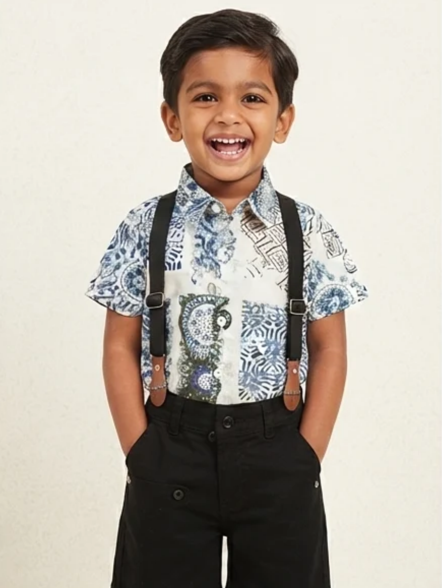 Boys Printed Collared Shirt & Black Shorts Set with Suspenders