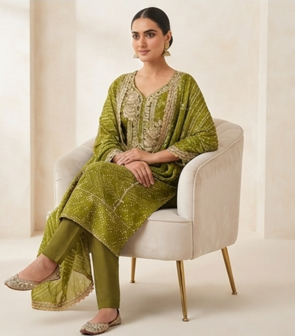 Olive Green Bandhani Print & Embroidered Straight Kurta Set