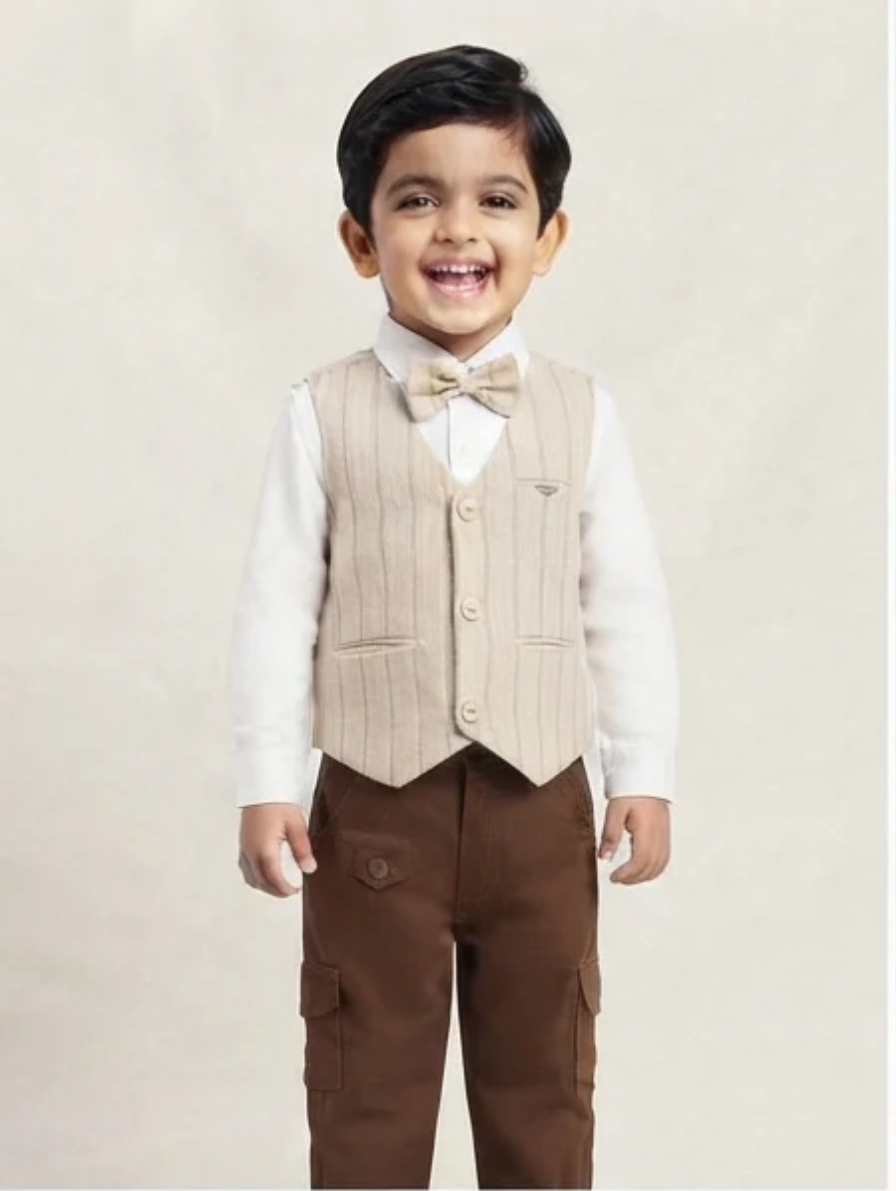 Boys Beige Pinstripe Vest Set with Bow Tie & Brown Cargo Pants