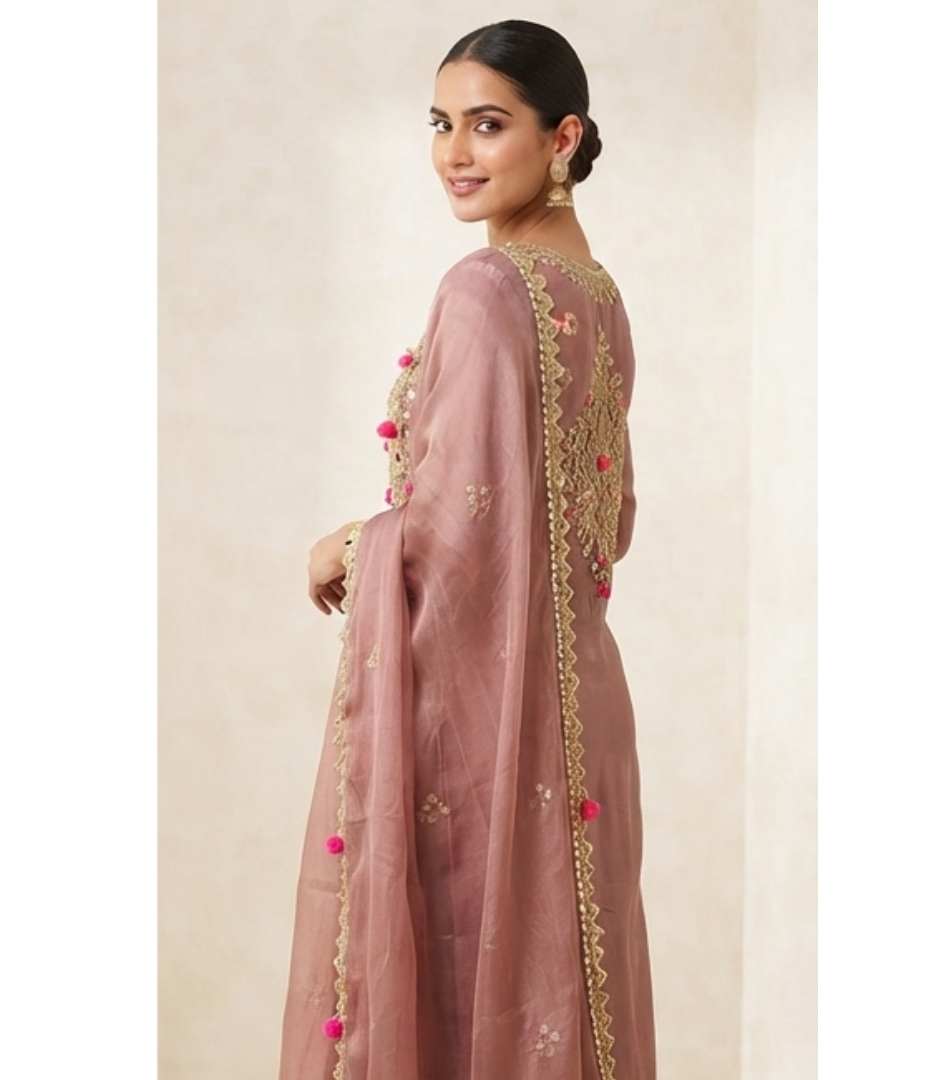 Dusty Rose Organza Straight Kurta Set with Gota Patti & Pom-Pom Accents