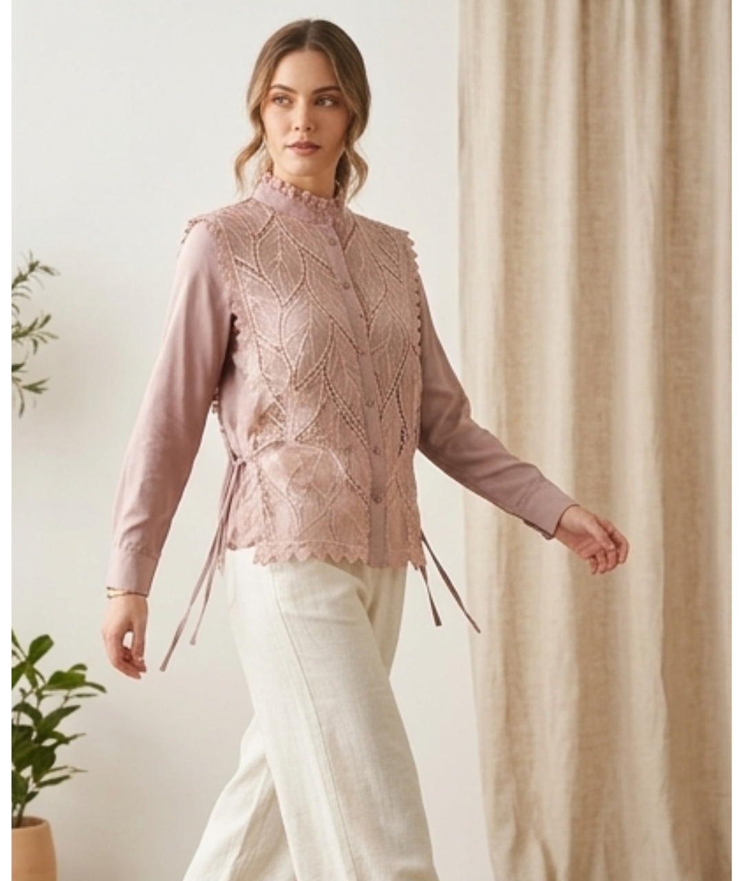 Victorian-Inspired Mauve Modal Blouse with Leaf-Lace Overlay and Tie Details