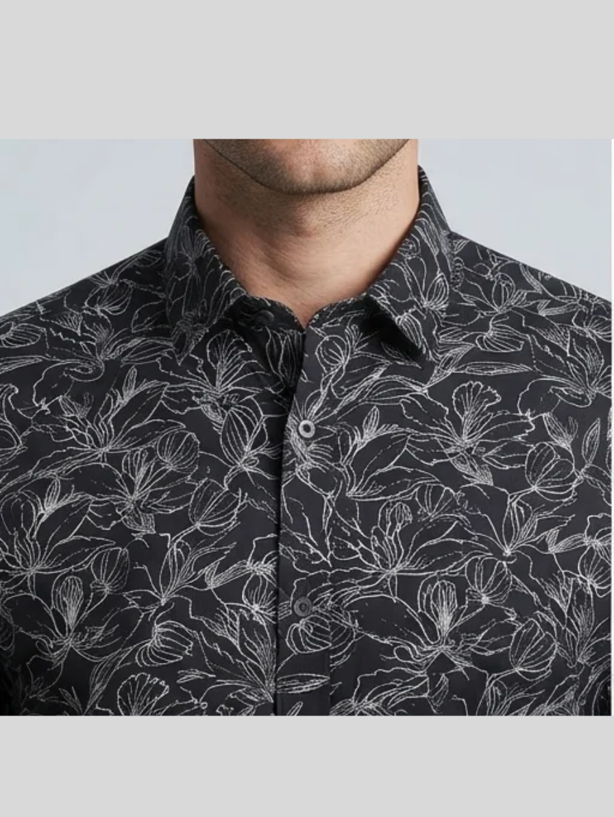 Premium Black Floral-Print Slim-Fit Long-Sleeve Shirt