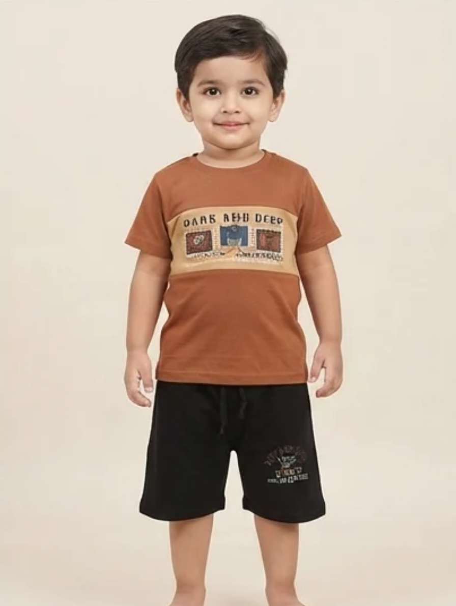 Brown T-Shirt & Black Shorts Set