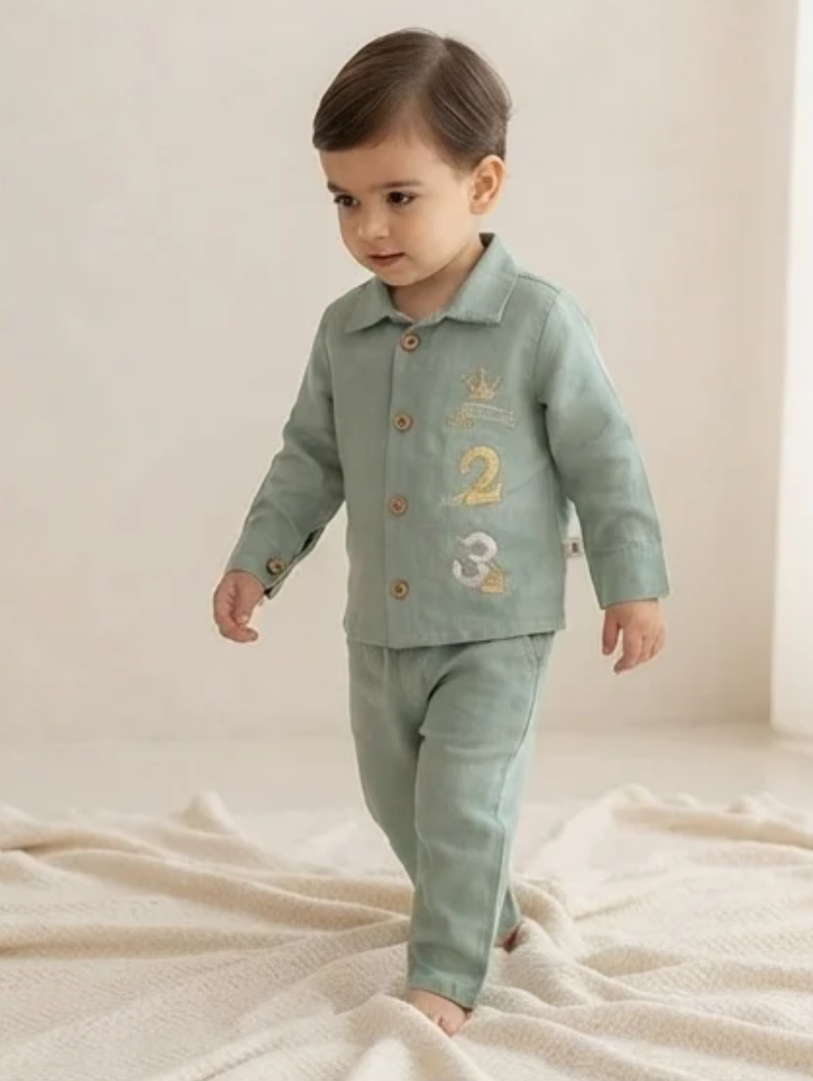 Sage Green Linen-Blend Long-Sleeve Set with "One, Two, Three" Embroidery