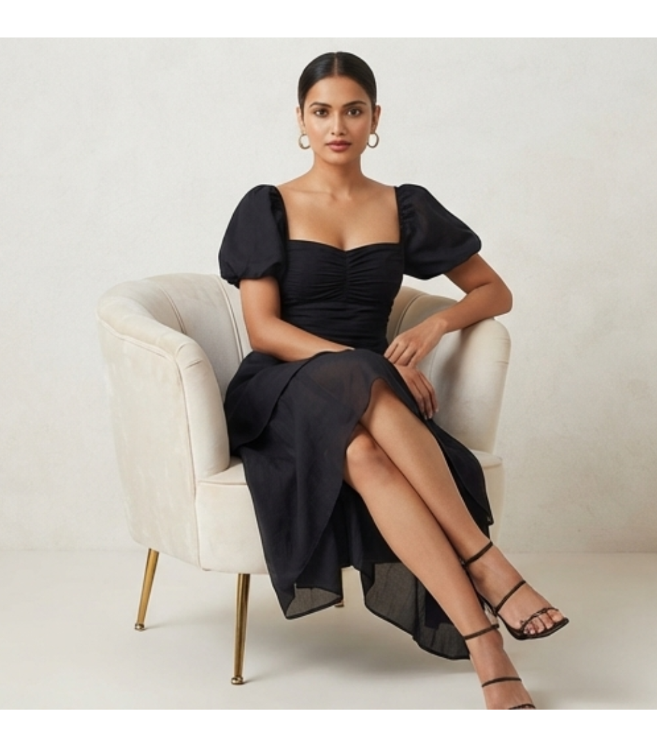 Black Ruched Bustier Puff-Sleeve Midi Dress