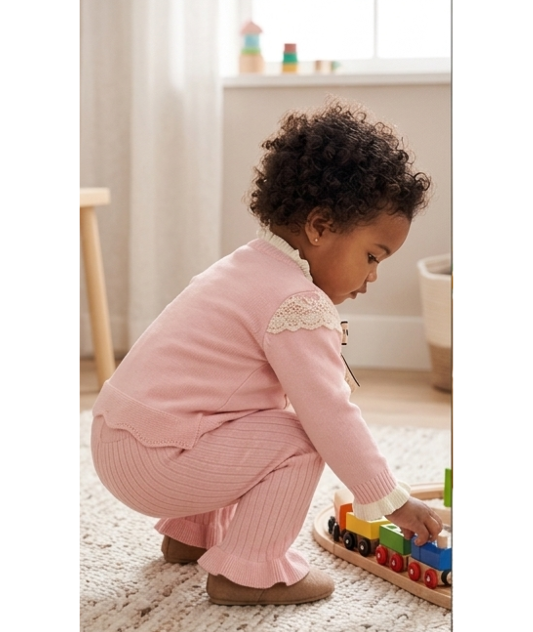Toddler Girls Pearl Bow Knit Cardigan & Flared Pants Set – Soft Blush Pink & Cream