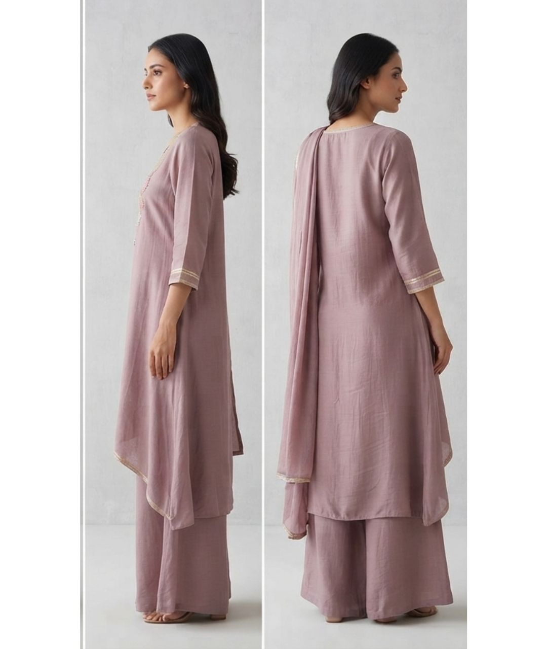 Elegant Mauve Embroidered High-Low Kurti with Palazzo and Dupatta Set