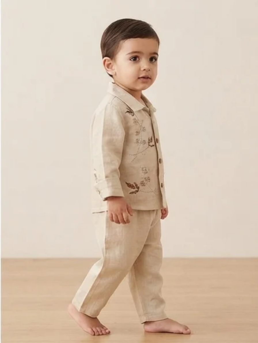 Beige Linen Long-Sleeve Shirt & Pants Set with Floral Embroidery