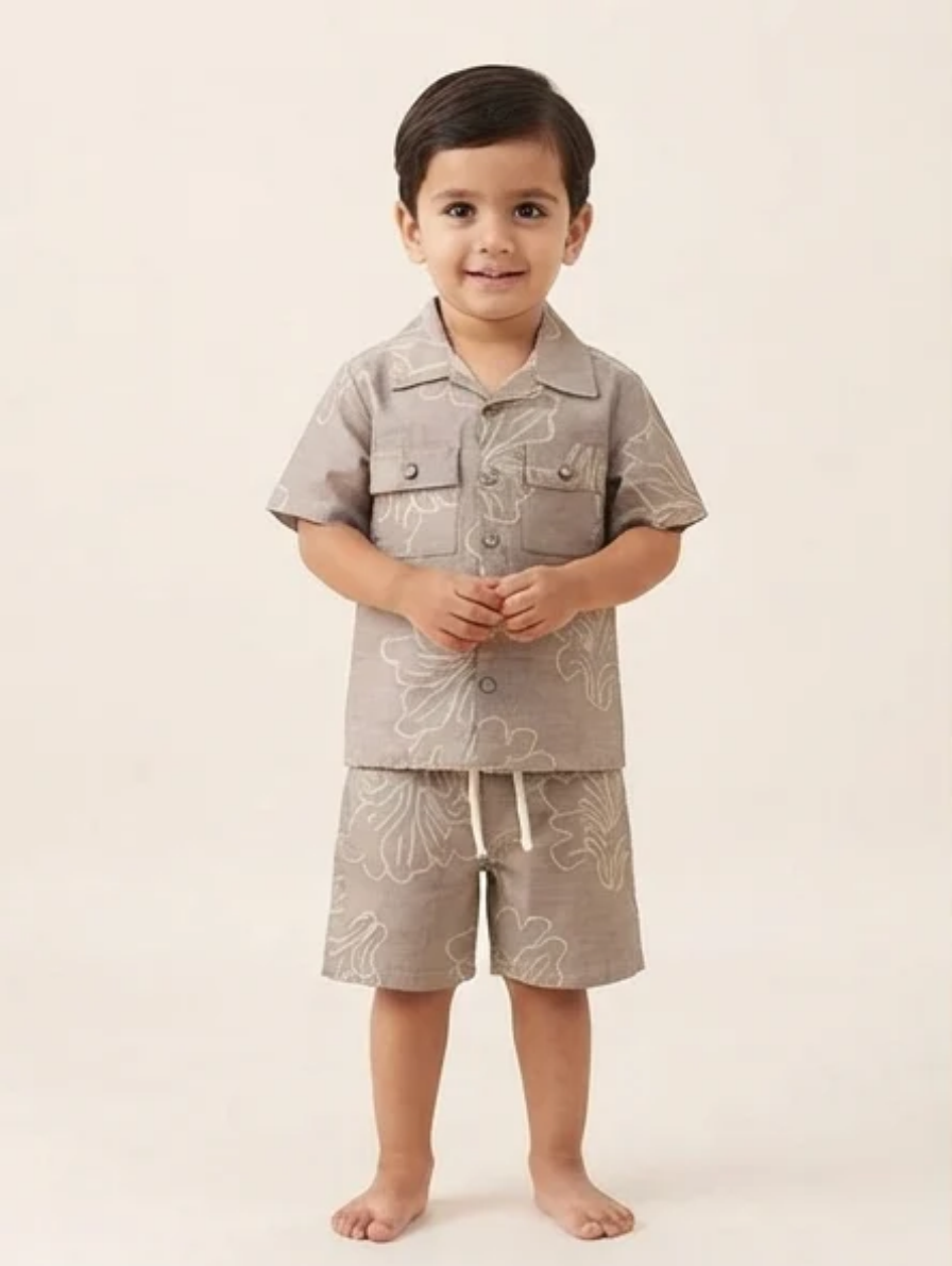 Taupe Short-Sleeve Button-Down Shirt & Drawstring Shorts Set