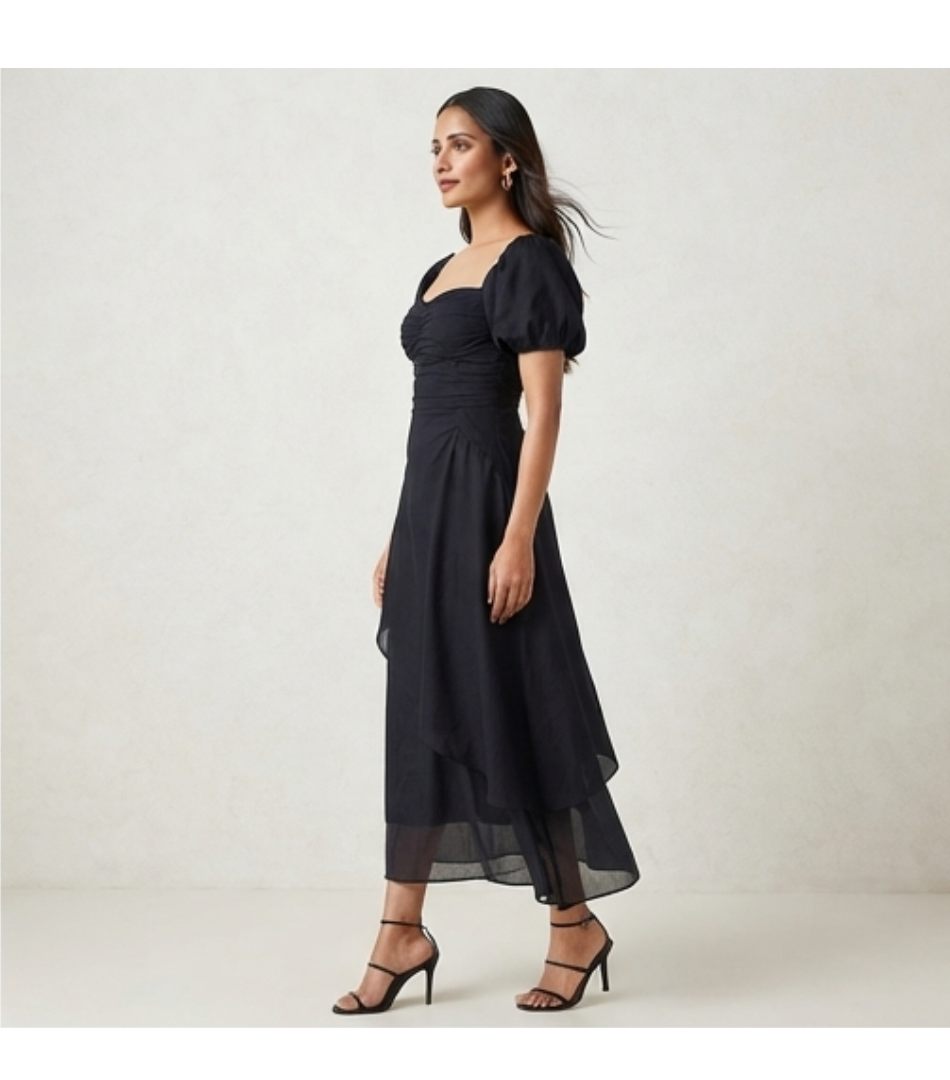 Black Ruched Bustier Puff-Sleeve Midi Dress