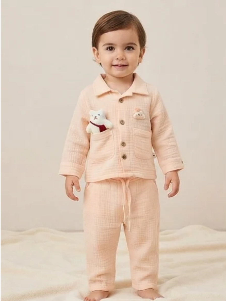 Soft Peach Two-Piece Play & Sleep Set with Cat Pocket Accent