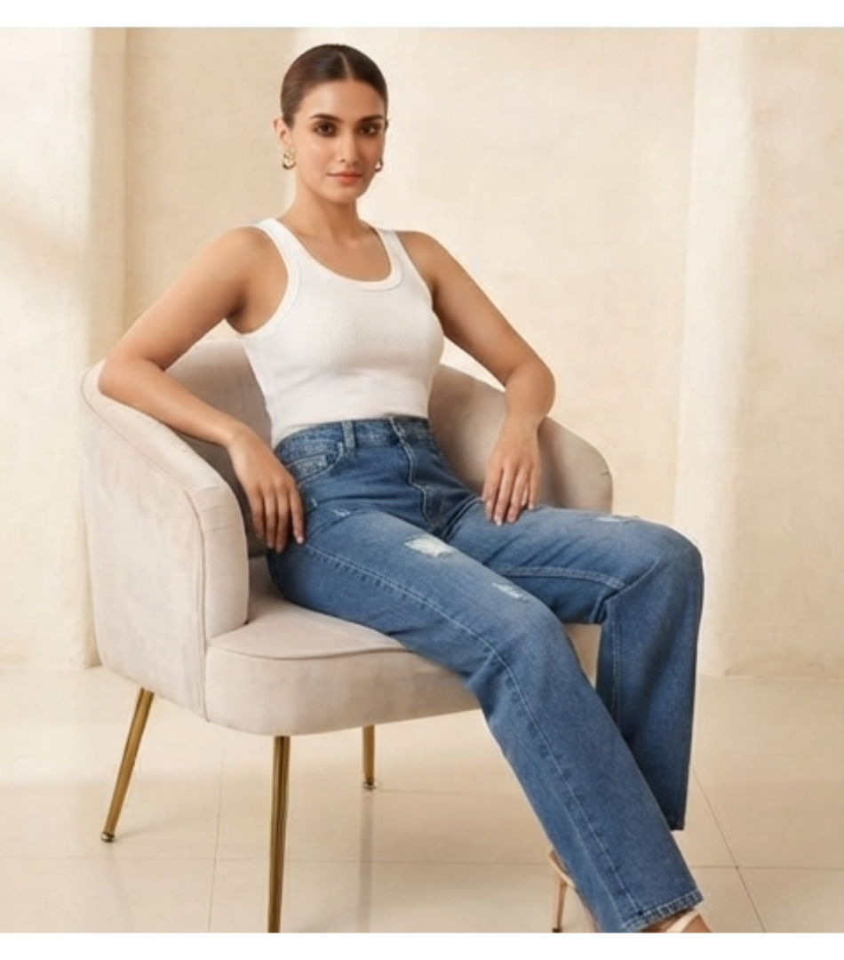 Distressed High-Rise Straight-Leg Denim Jeans