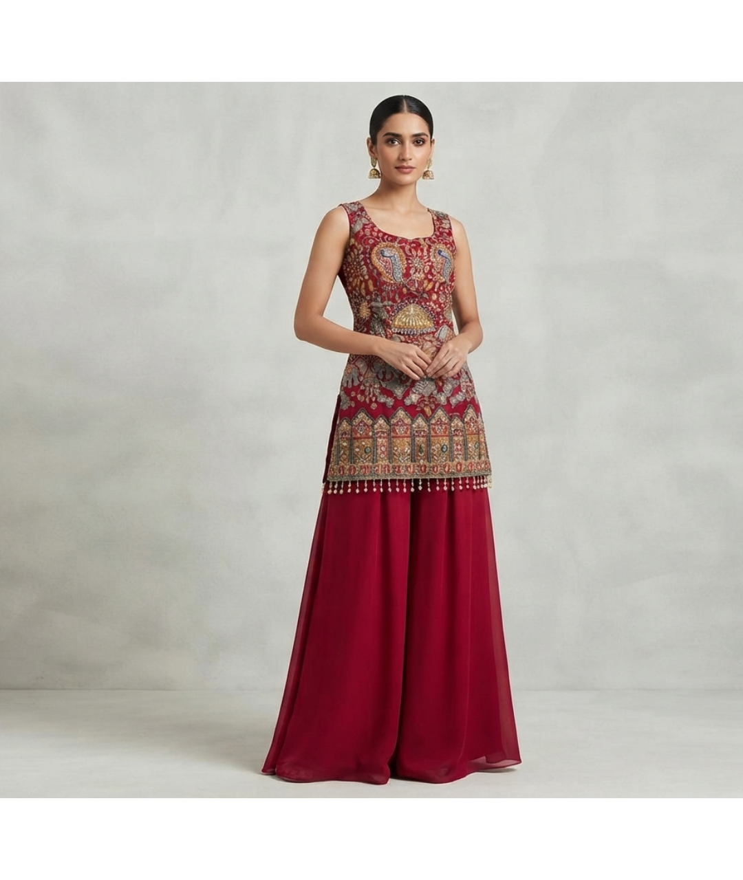 Regal Crimson Embroidered Cut-Sleeve Short Kurti with Palazzo and Draped Dupatta Set