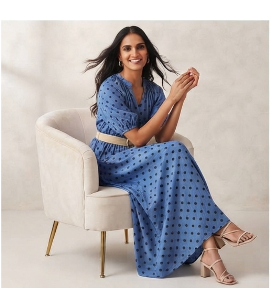 Dusty Blue Polka Dot Button-Down Maxi Dress with Belt