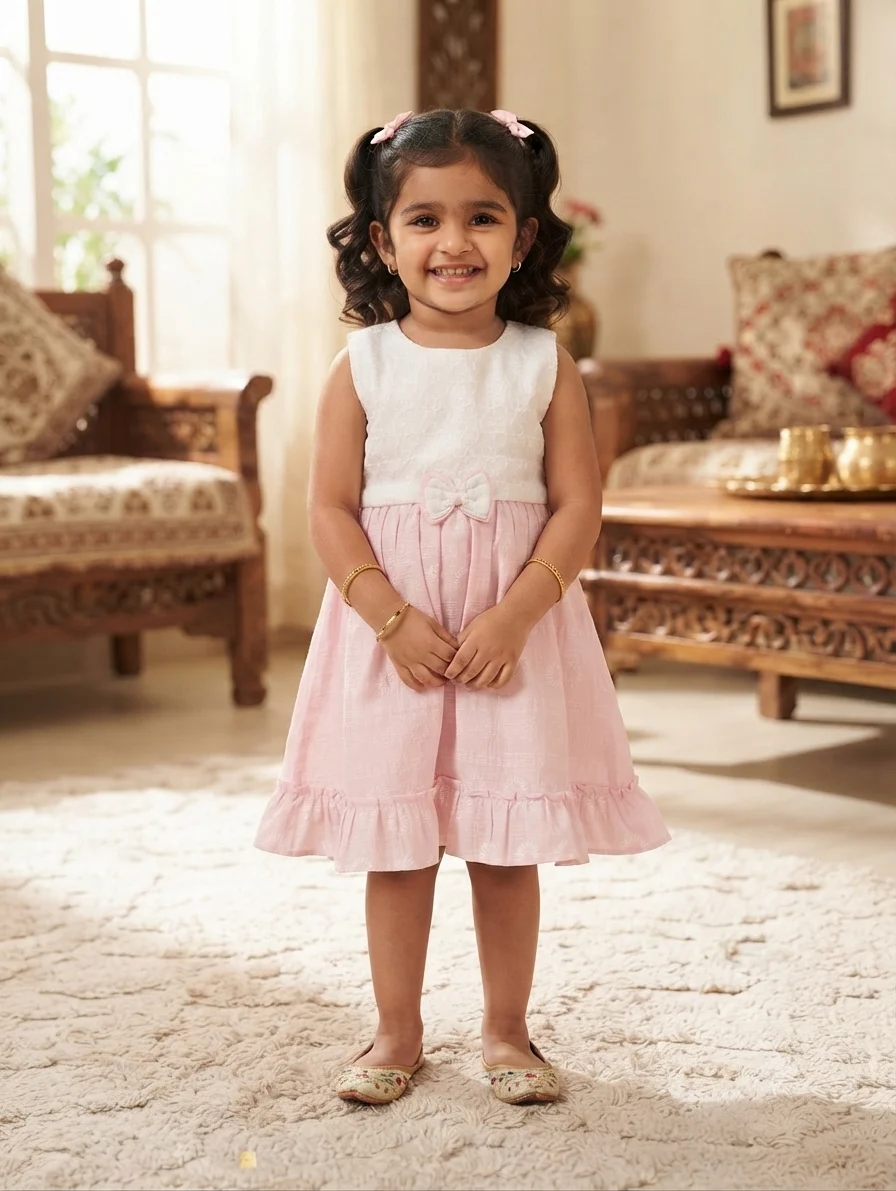 White and Pink Tiered Dress with Waist Bow and Ruffle Hem