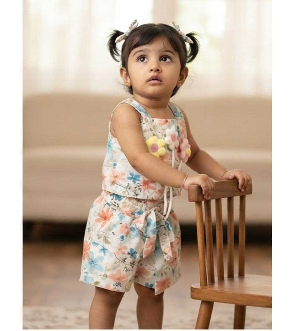 Floral Print Romper with 3D Flower Accents