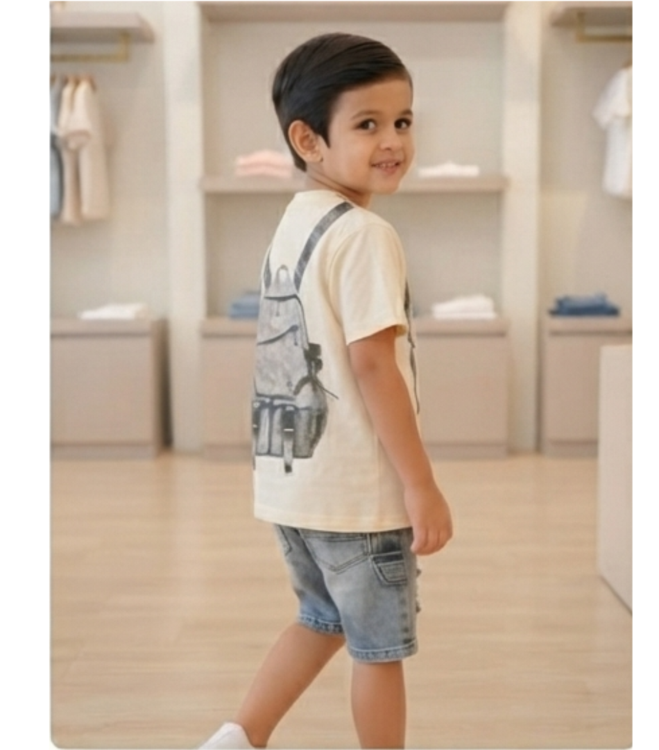 A cool and playful two-piece outfit featuring an ivory t-shirt with a fun backpack strap graphic and distressed dark-wash denim shorts.