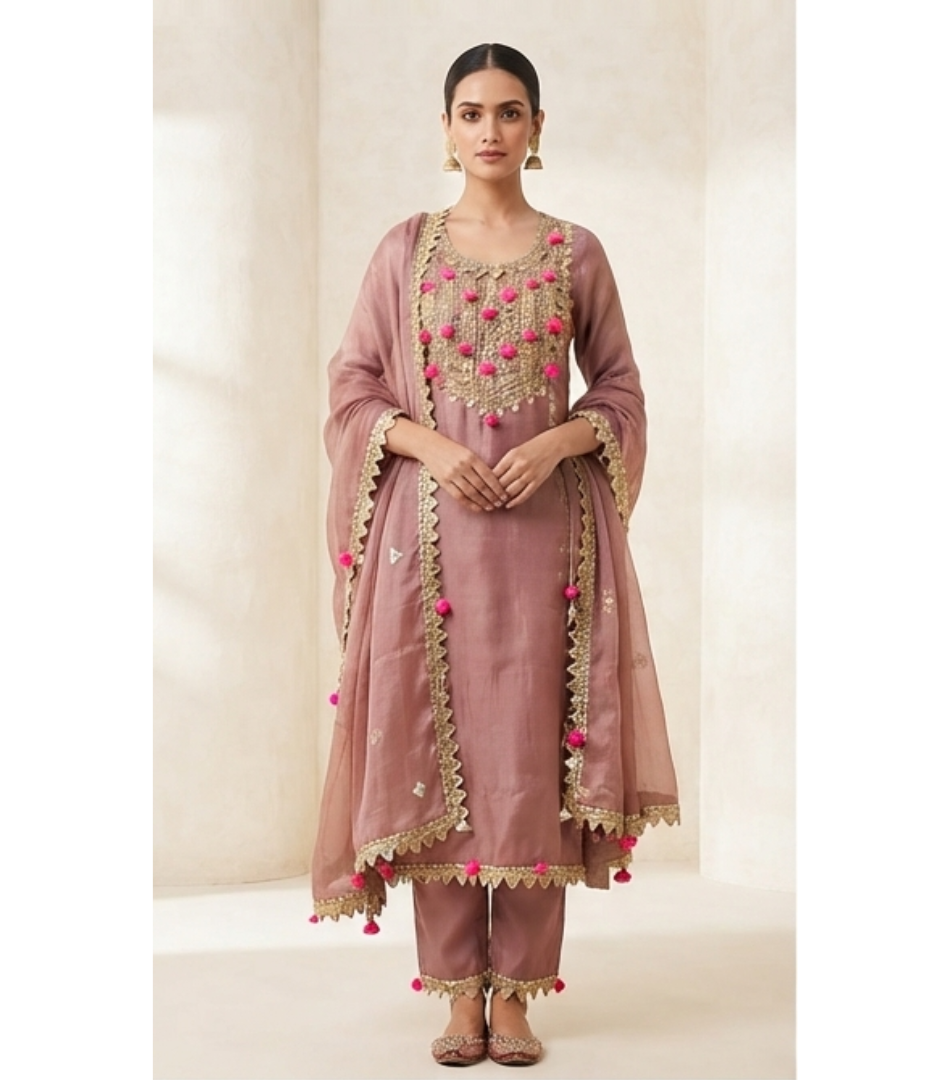 Dusty Rose Organza Straight Kurta Set with Gota Patti & Pom-Pom Accents