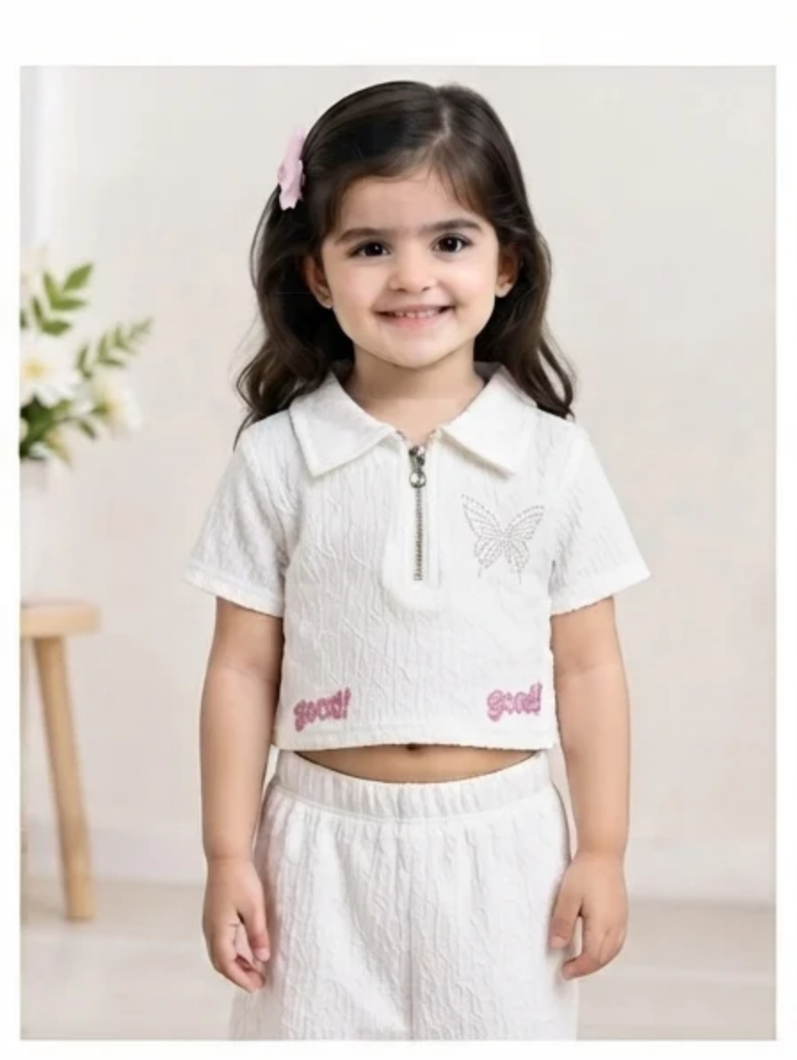 Girls' White Textured Zip-Collar Crop Top with Rhinestone Butterfly & Logo  Short Description: